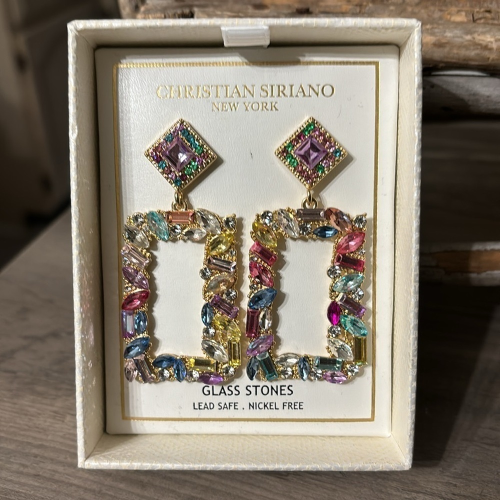 Christian Siriano Multicolor Glass Stone Rectangle Drop Earrings - Gold